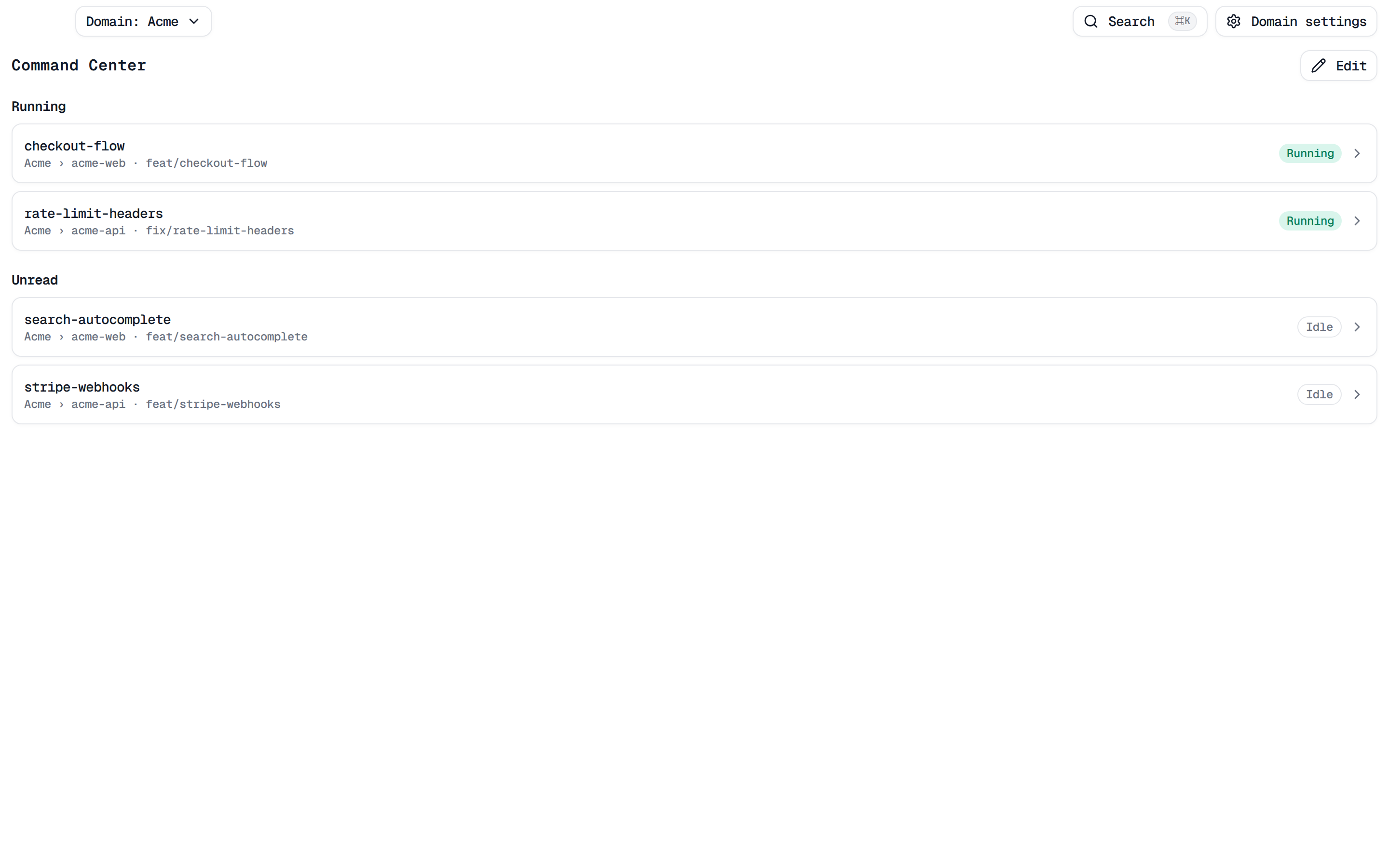 The Command Center home screen with Unread and Running sections