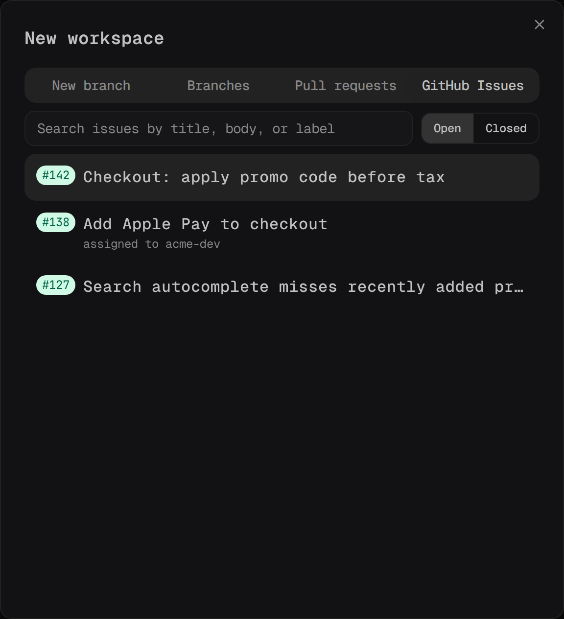 The New workspace dialog's GitHub Issues tab, listing open issues for the acme-web repo