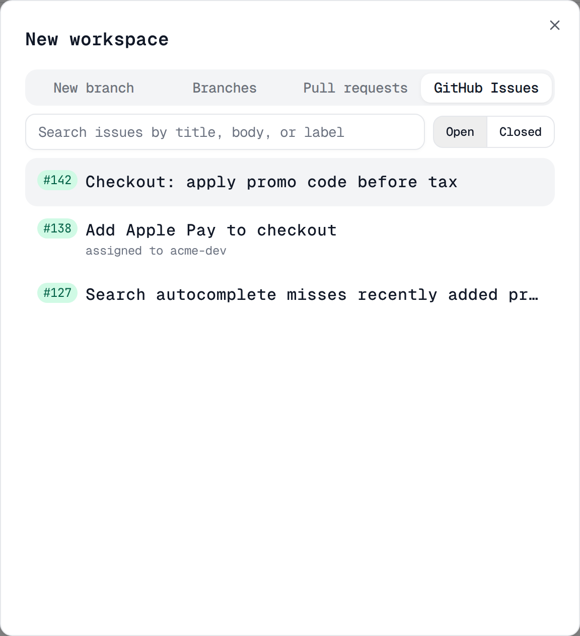 The New workspace dialog's GitHub Issues tab, listing open issues for the acme-web repo