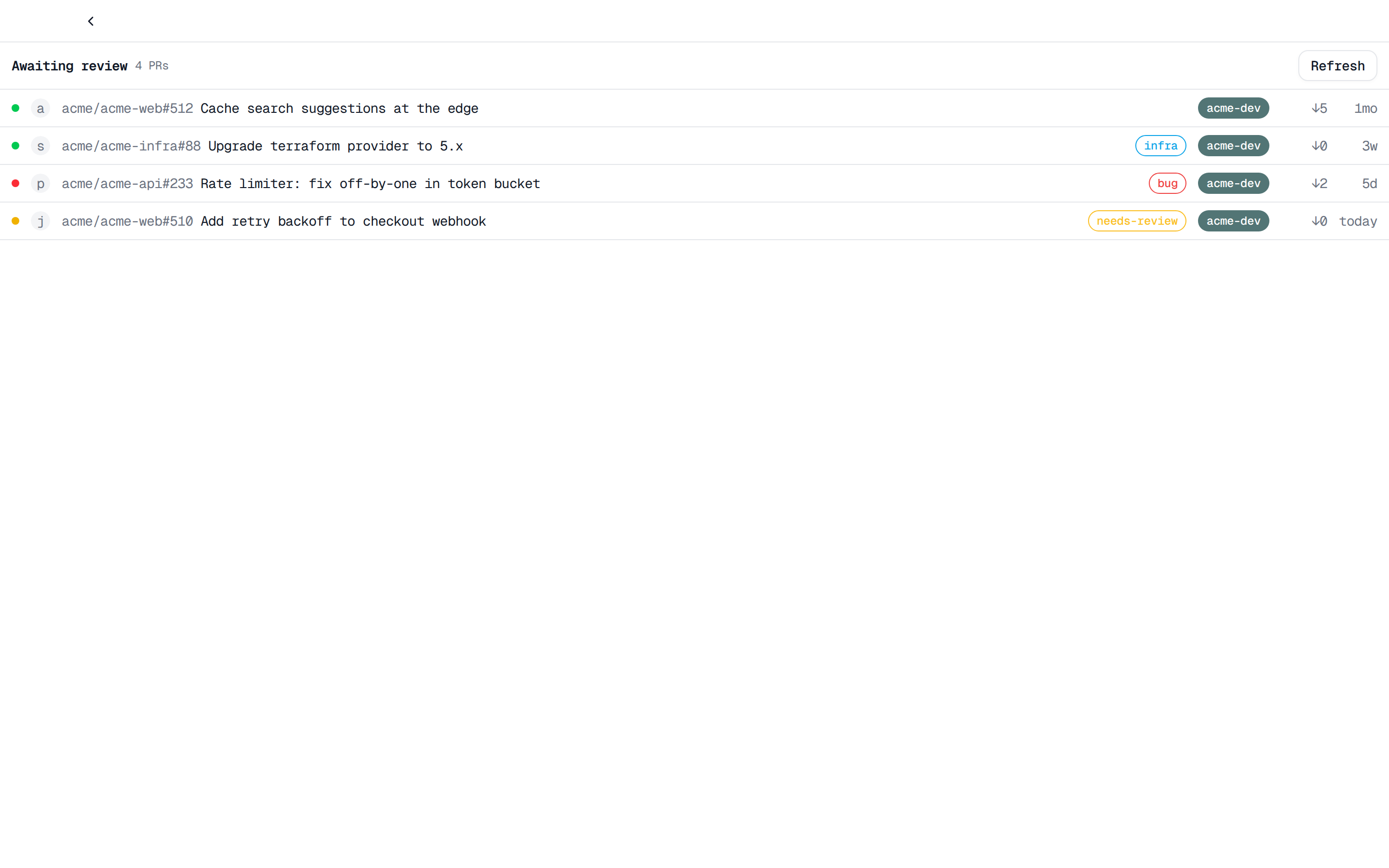 PR Inbox listing pull requests awaiting review across domains, with checks and behind-by counts