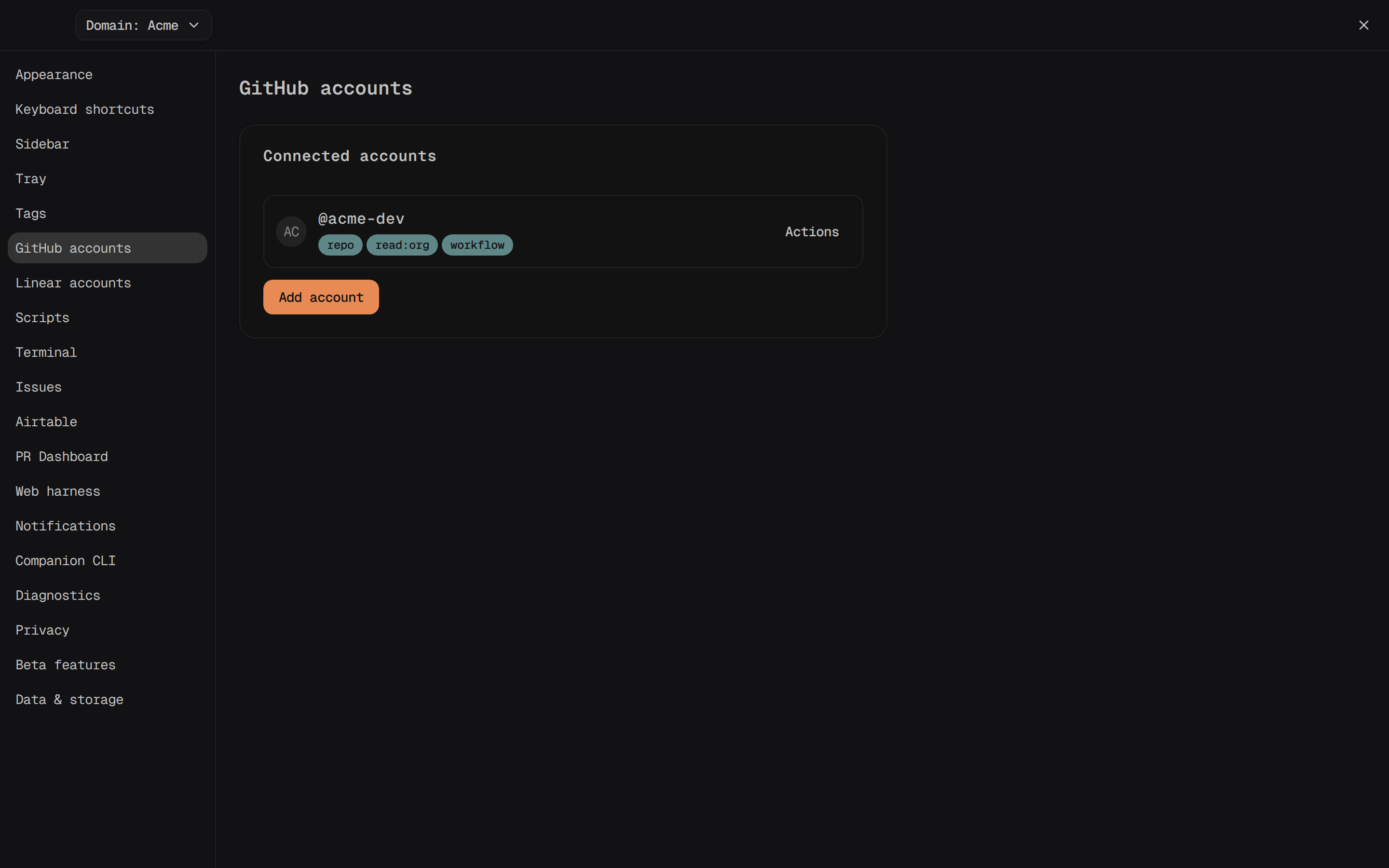 Settings → GitHub accounts showing a connected account with its scope badges