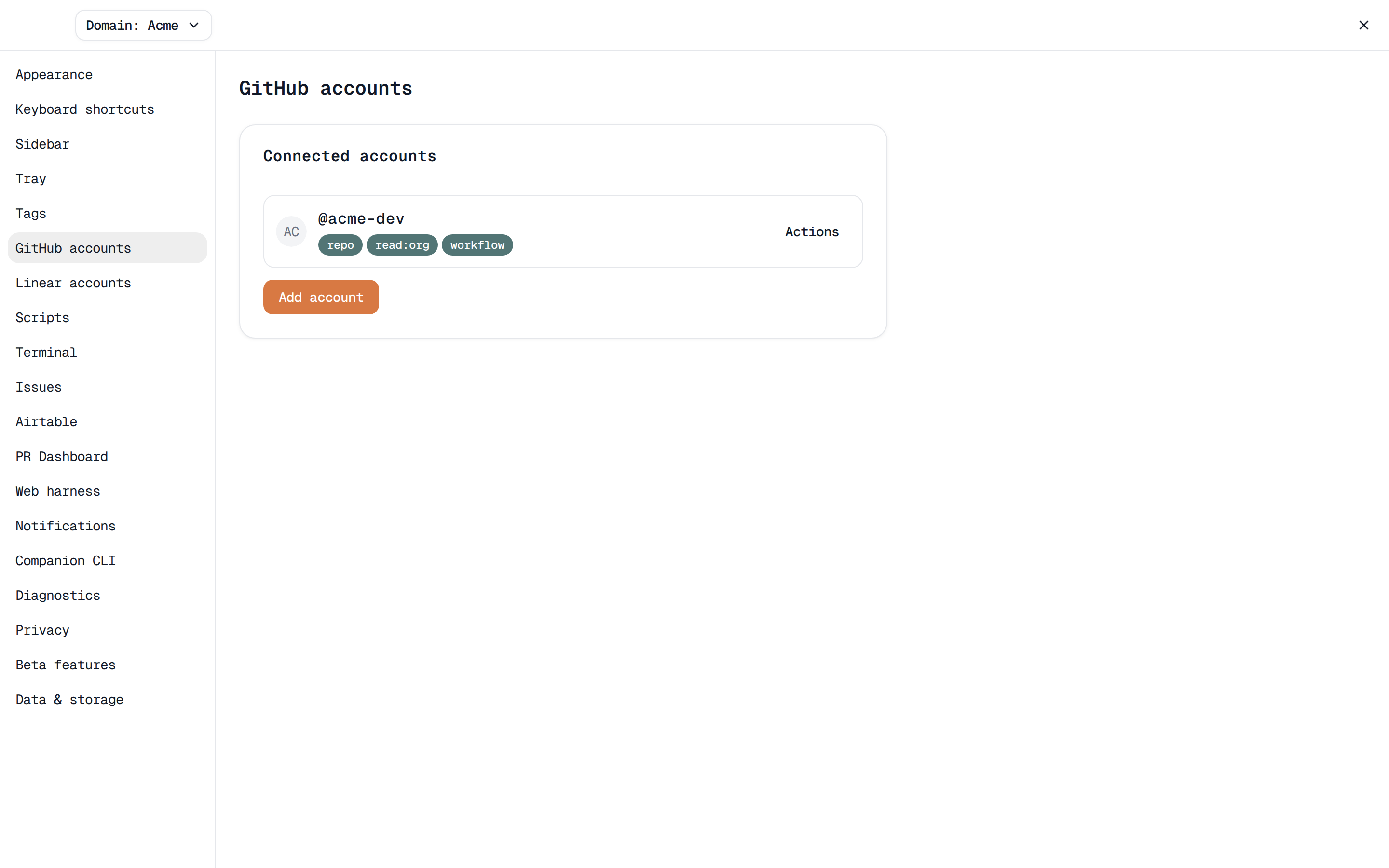Settings → GitHub accounts showing a connected account with its scope badges