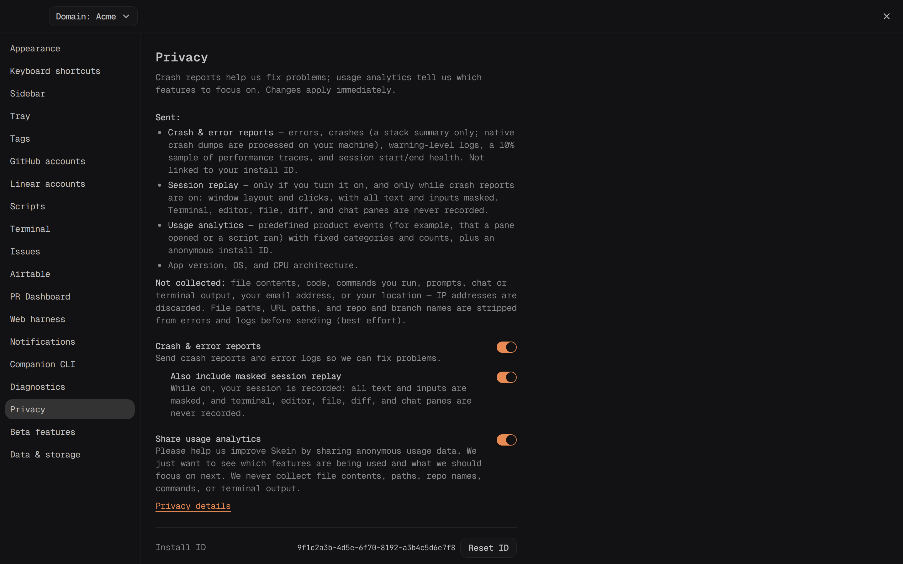 Settings → Privacy with Crash & error reports (and its session-replay sub-toggle) and Share usage analytics both on, plus the Install ID row