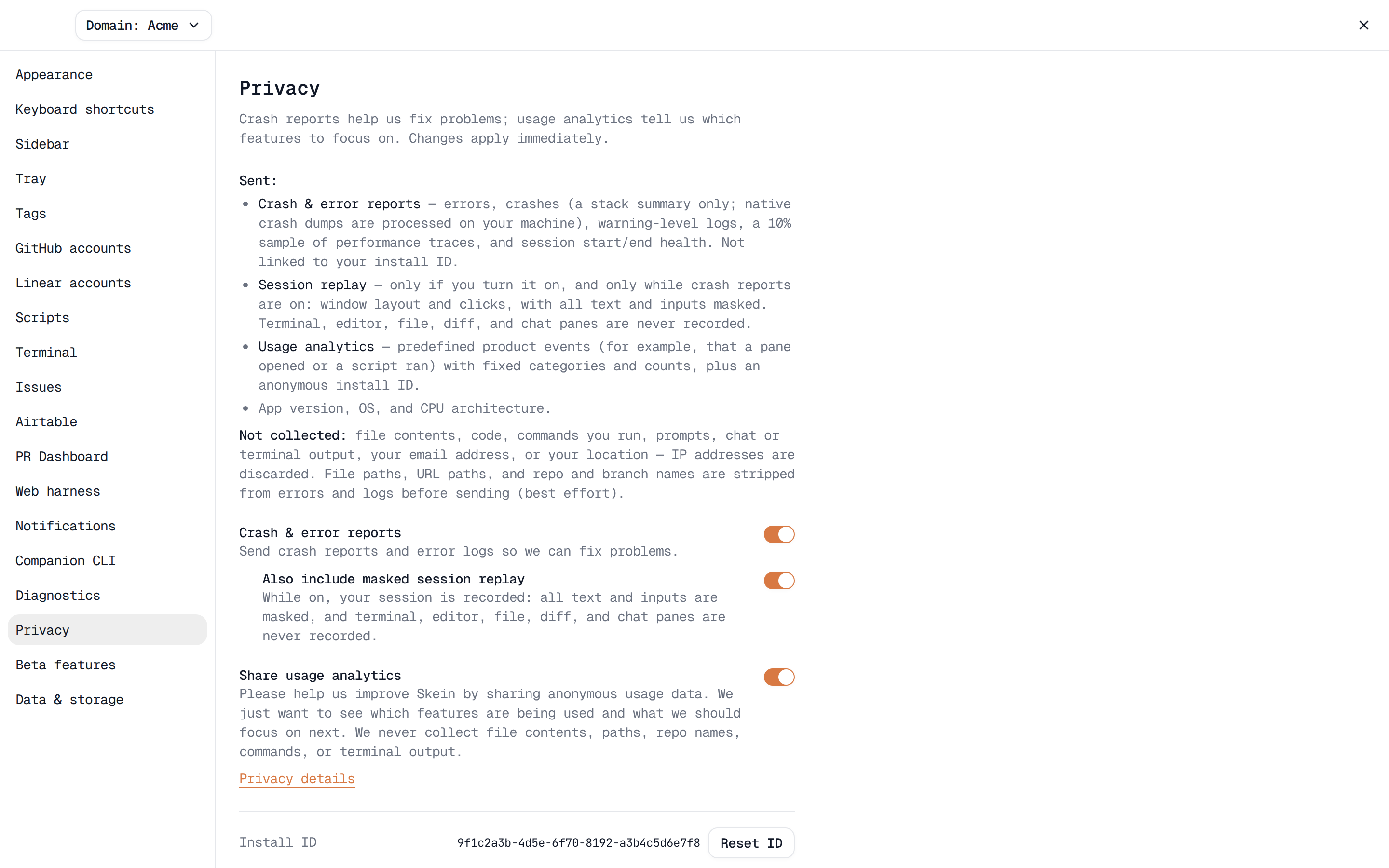Settings → Privacy with Crash & error reports (and its session-replay sub-toggle) and Share usage analytics both on, plus the Install ID row