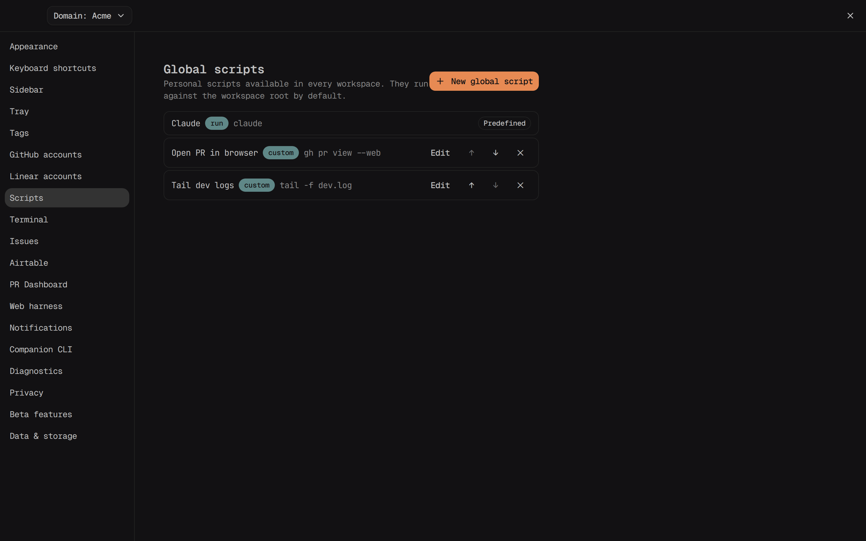Settings → Scripts showing the predefined Claude entry and a list of global scripts available in every workspace