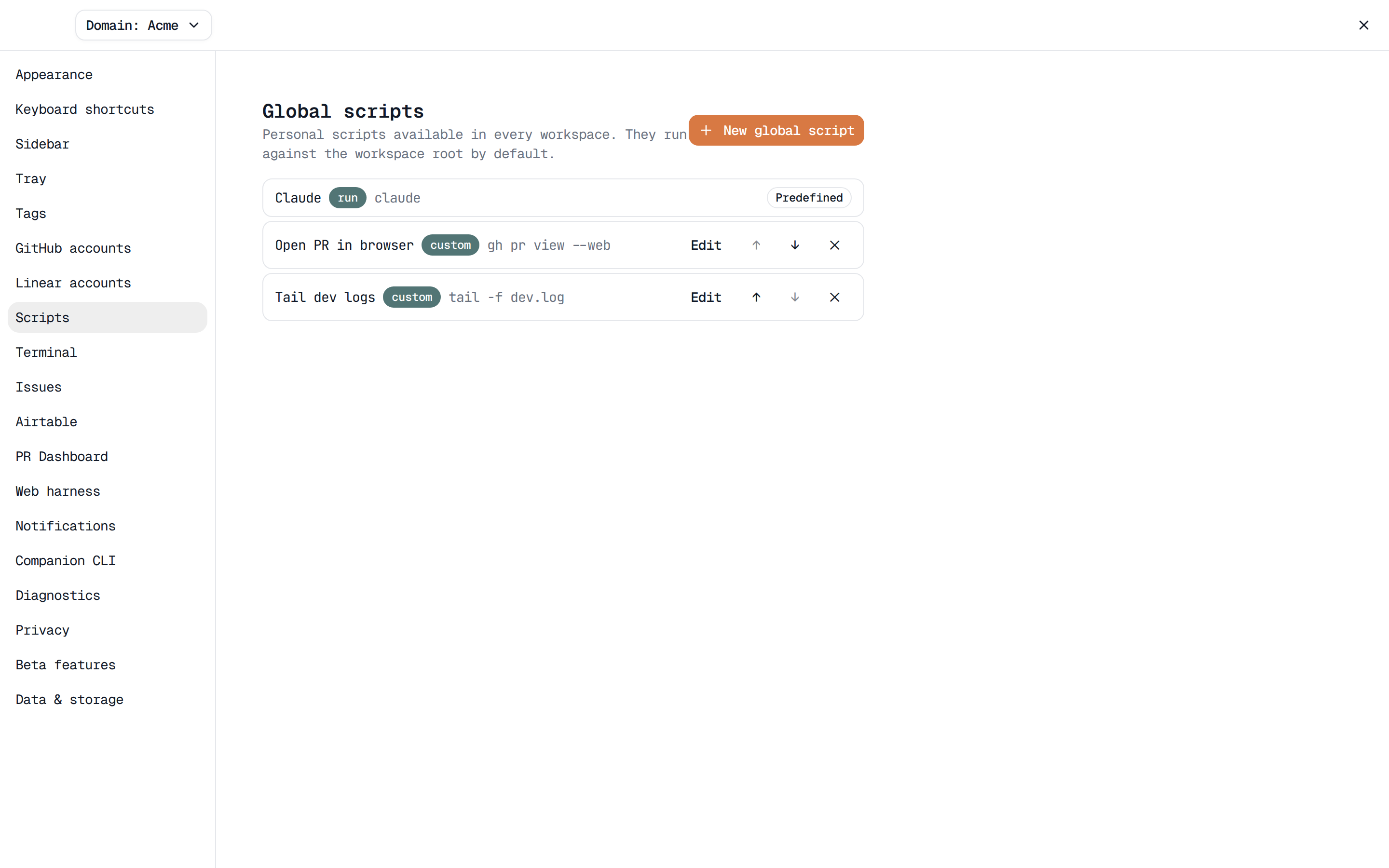 Settings → Scripts showing the predefined Claude entry and a list of global scripts available in every workspace