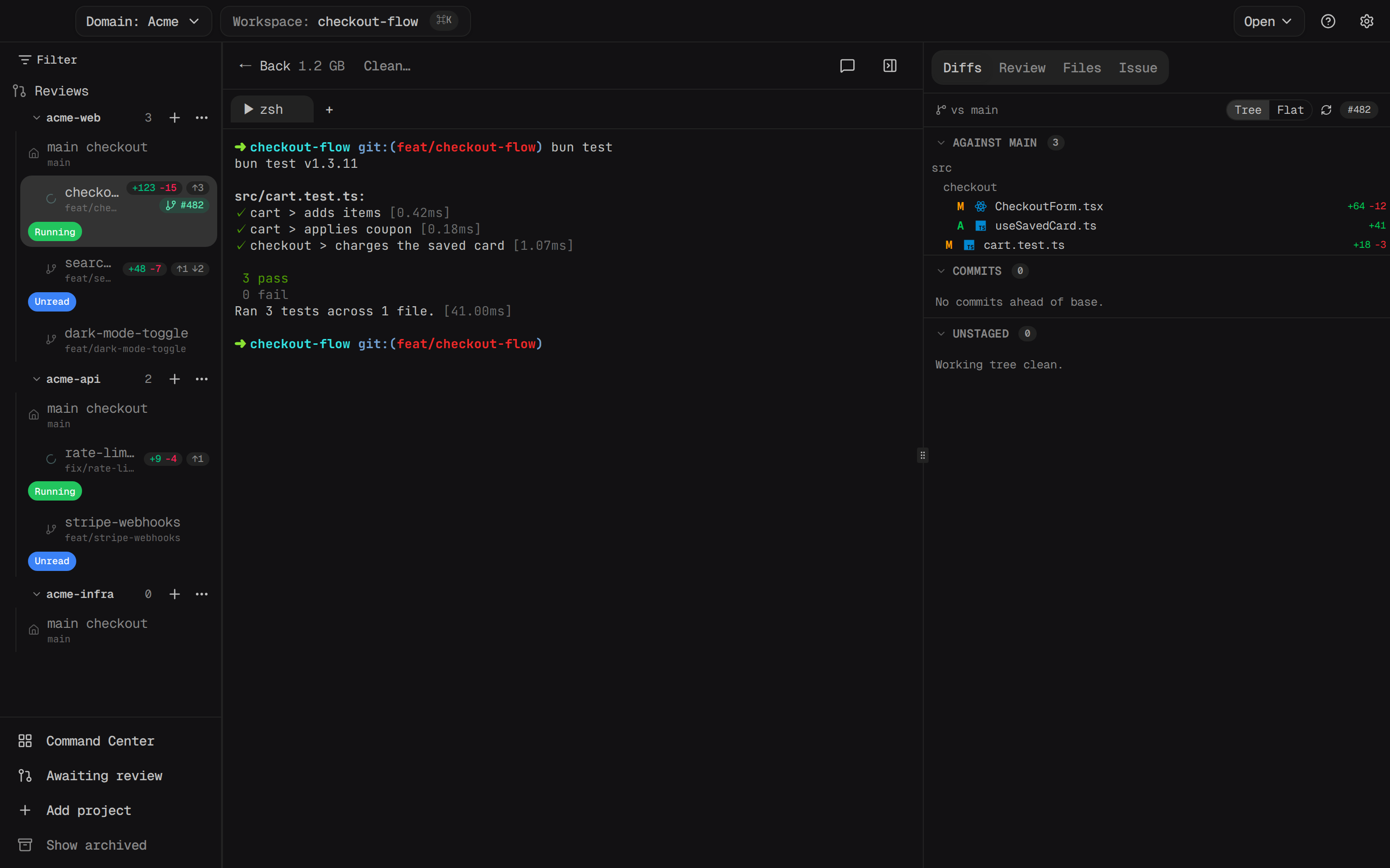 A workspace's tab strip with a terminal pane's tab active, next to the Diffs panel